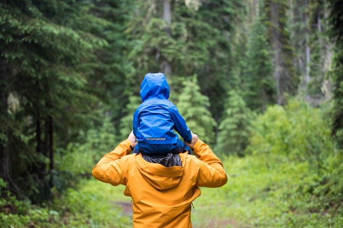 A son sits on father's shoulders