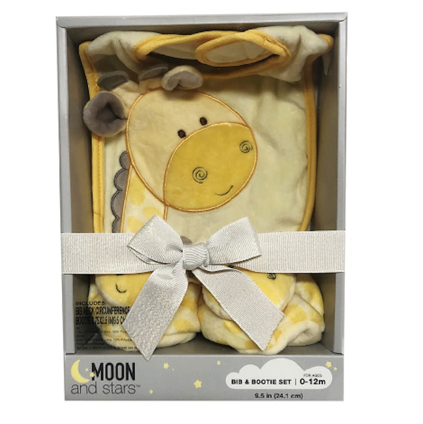 A sweet yellow giraffe bib and bootie set is available in the Walgreens Moon & Stars Collection.