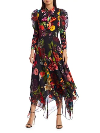  Karen Floral Puff Sleeve Handkerchief Midi Dress