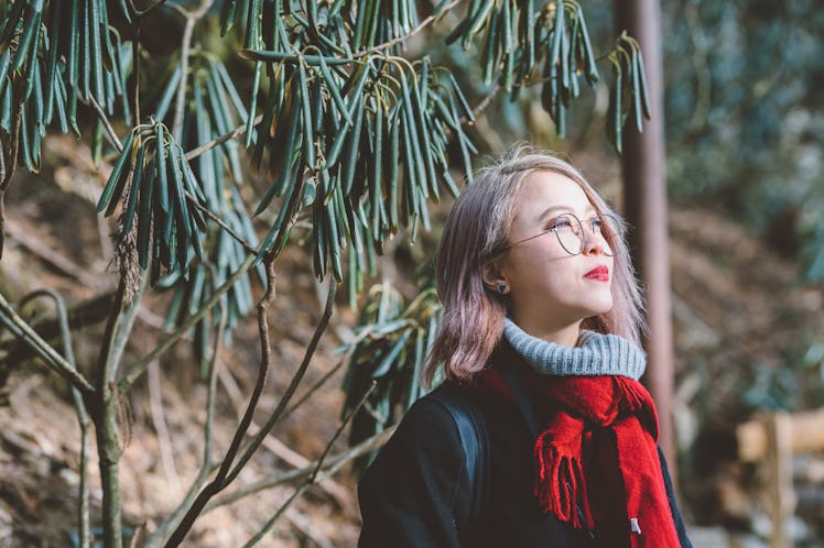 Blonde Asian woman in winter