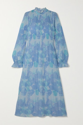Ruffled Pleated Printed Georgette Midi Dress