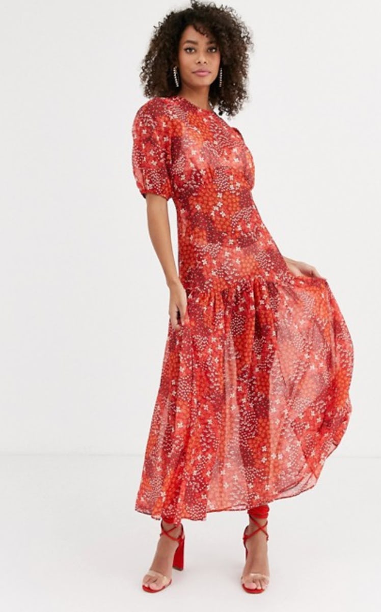 ASOS Never Fully Dressed puff sleeve midi dress in red floral print