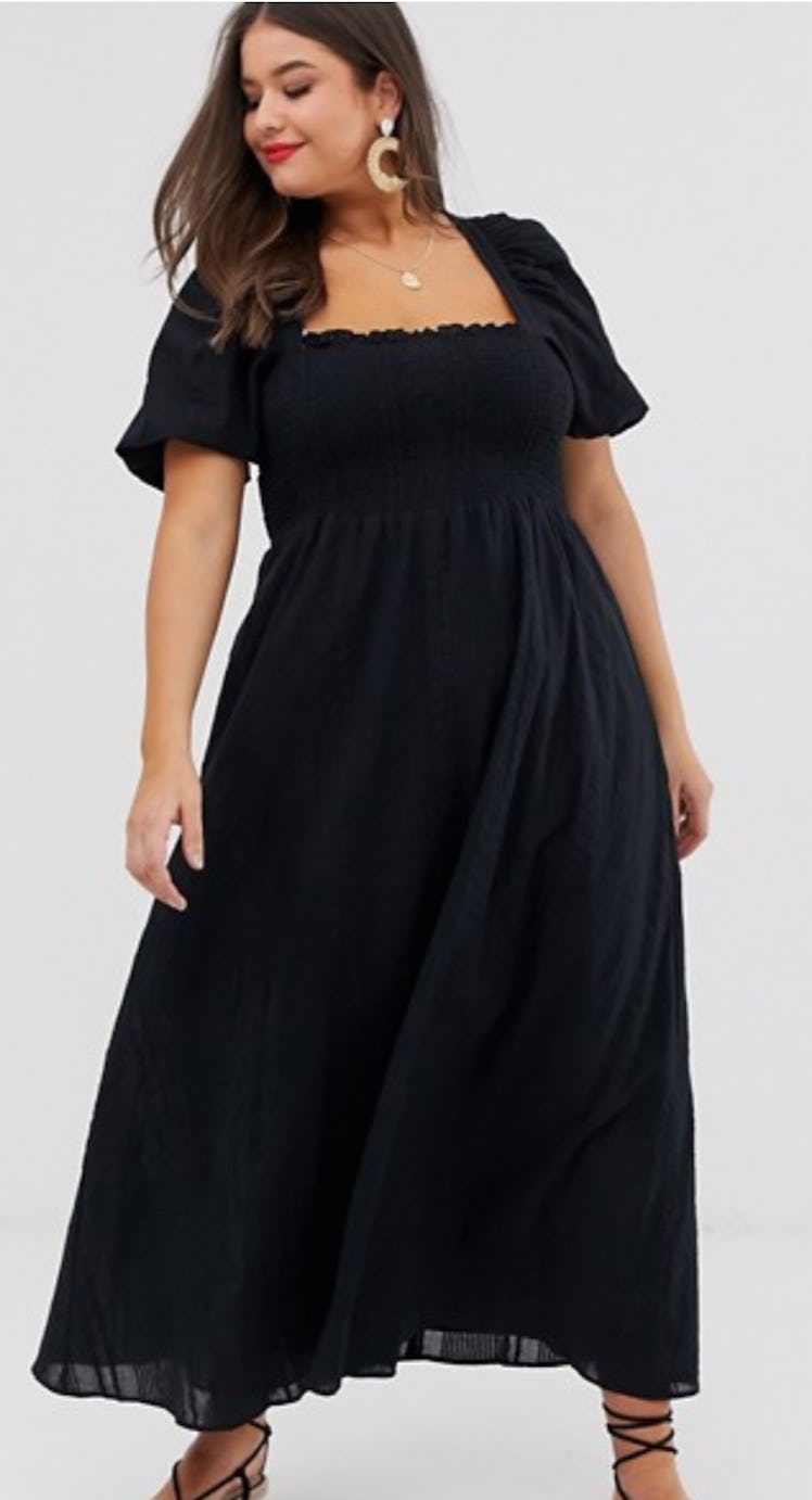 ASOS DESIGN Curve shirred bustier maxi dress with puff sleeve in seersucker