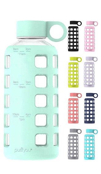 Glass Water Bottle with Non-Slip Silicone Sleeve and Stainless Steel Lid Insert