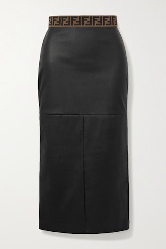 Jacquard-Trimmed Leather Midi Skirt