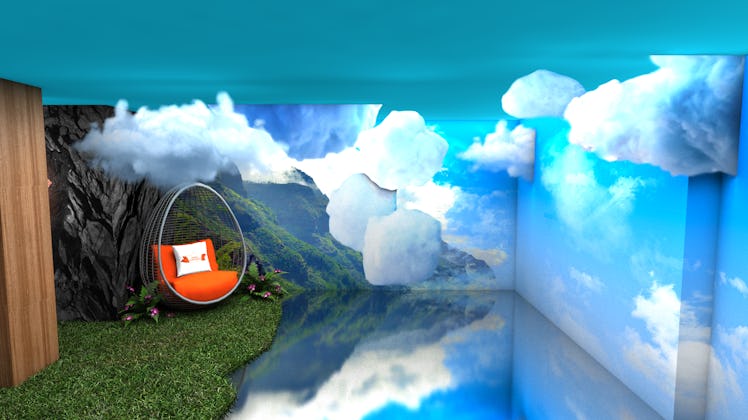 A swing hangs over fake grass and next to clouds as part of King’s Hawaiian Breakfast Bungalow pop-u...