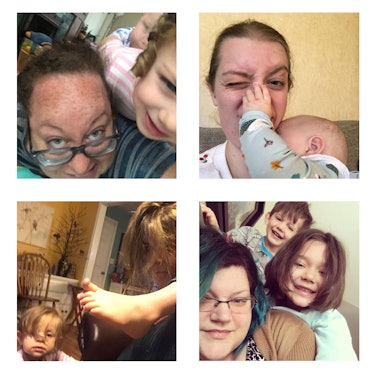 four photos of mothers being clambered over by their children