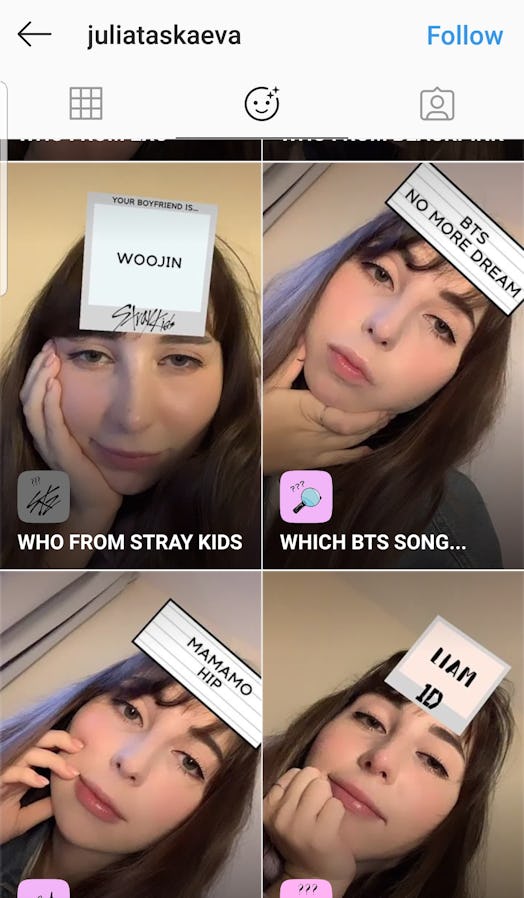 Get The "Which BTS Song" Instagram Story Filter by going to the creator's account.