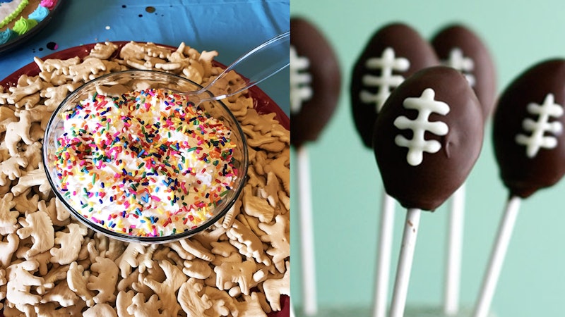 Funfetti Cake Dip, Football Cake Pops, and more easy super bowl party desserts.
