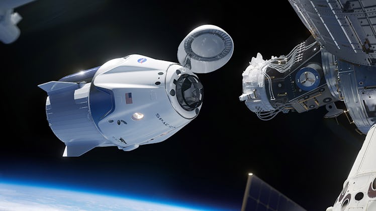 Artists rendering of the Crew Dragon docking with the International Space Station.