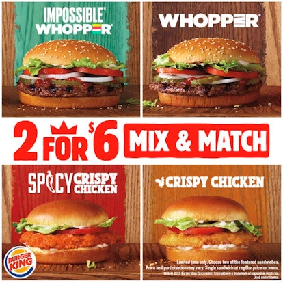 Burger King's 2020 2 For $6 Deal Menu includes the Impossible Whopper and Chicken Sandwiches.