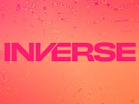 The Inverse logo in pink on an orange background