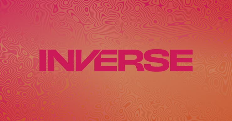 The Inverse logo in pink on an orange background