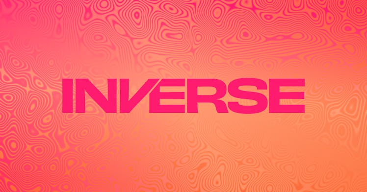 The Inverse logo in pink on an orange background