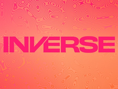 The Inverse logo in pink on an orange background