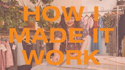 A self-employed seamstress from Doncaster in her atelier blurred behind a text reading: 'How I made ...
