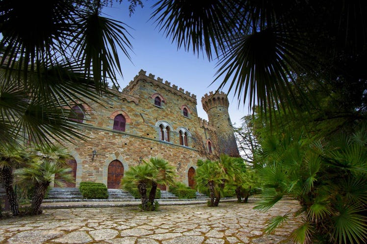 The castle listed on Airbnb has a stone walkway and palm trees surrounding it.