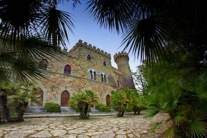 The castle listed on Airbnb has a stone walkway and palm trees surrounding it.