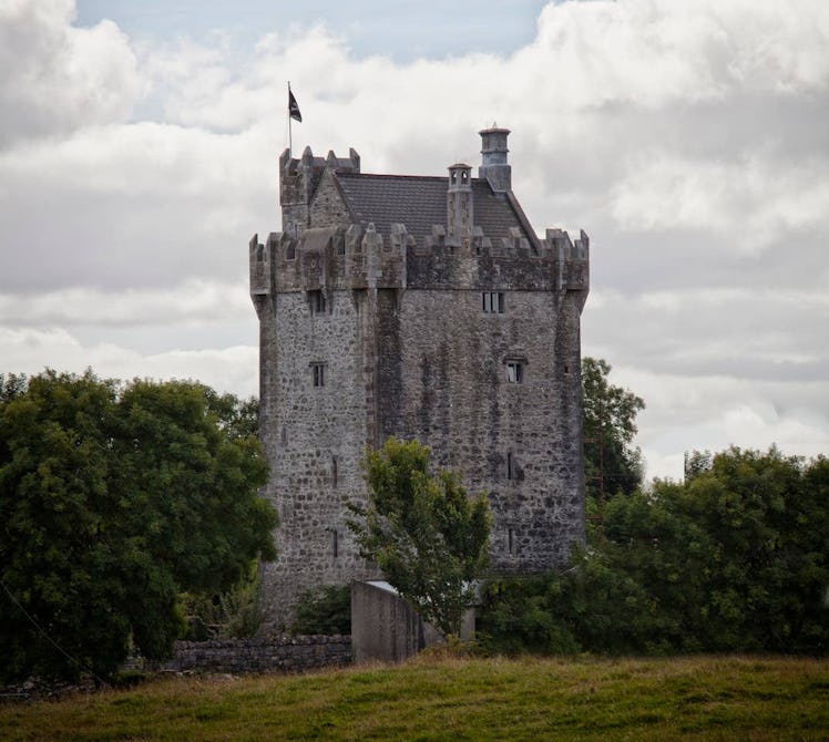 A castle tower listed on Airbnb is surrounded by greenery.