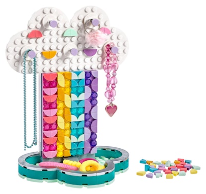 a multicolored jewelry holder made from the new Lego Dots collection.