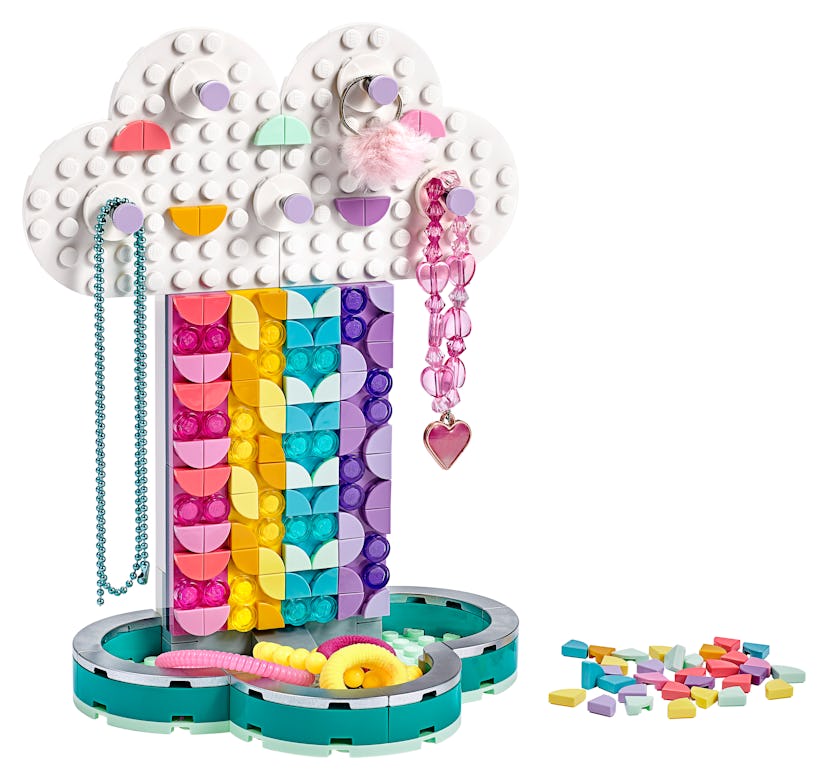 a multicolored jewelry holder made from the new Lego Dots collection.
