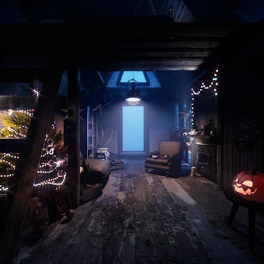 A Jack Skellington-inspired Disney tiny house has wood floors and is decorated with a jack-o-lantern...