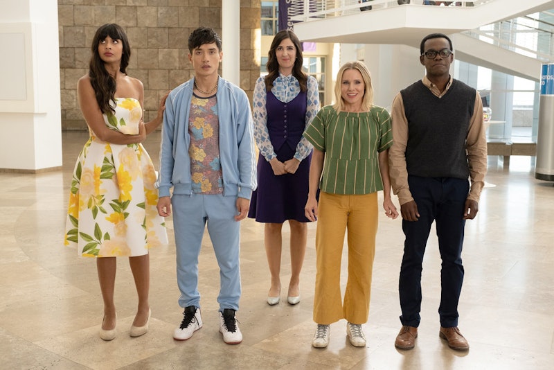 Tahani, Jason, Janet, Eleanor, and Chidi in the final season of 'The Good Place.'