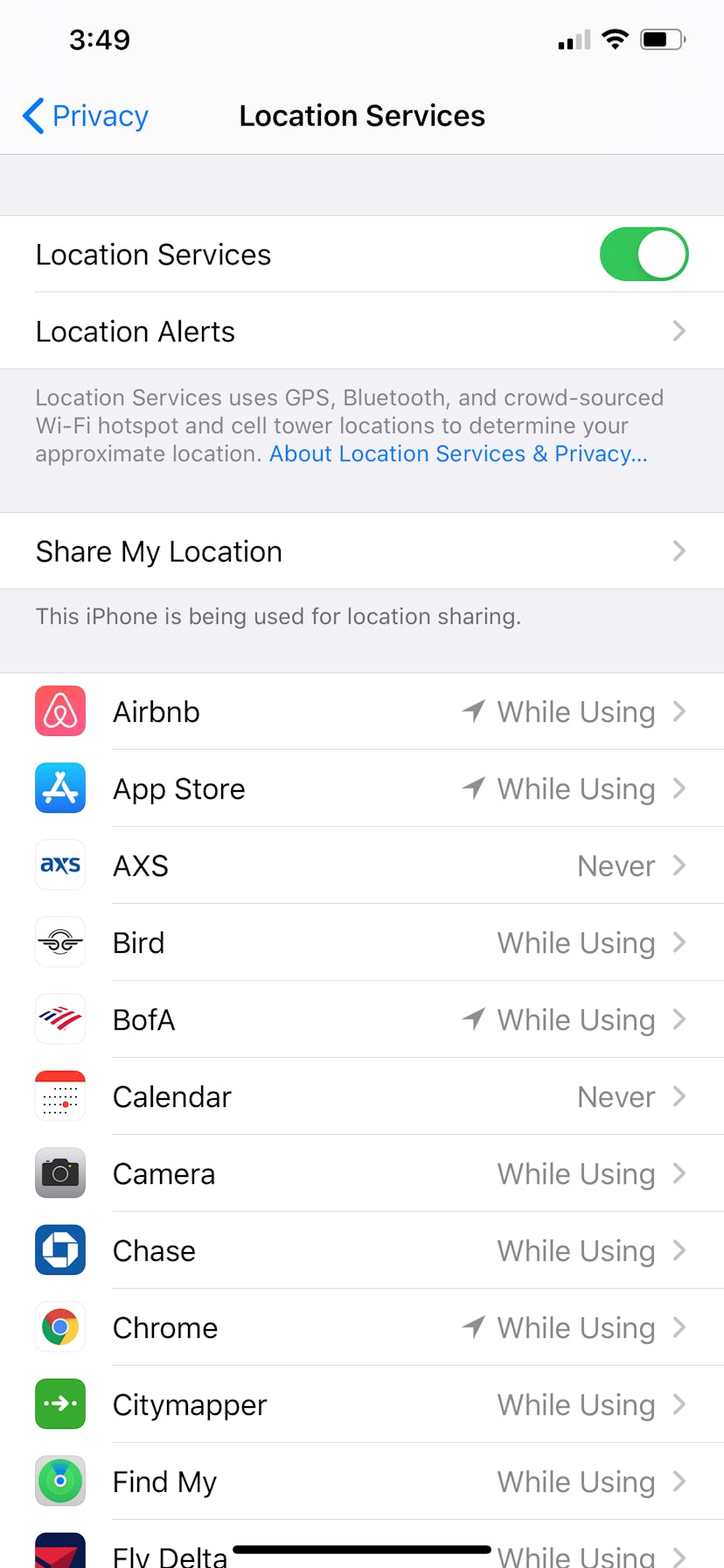 This is a screenshot for location services, which you should be aware of for data privacy.