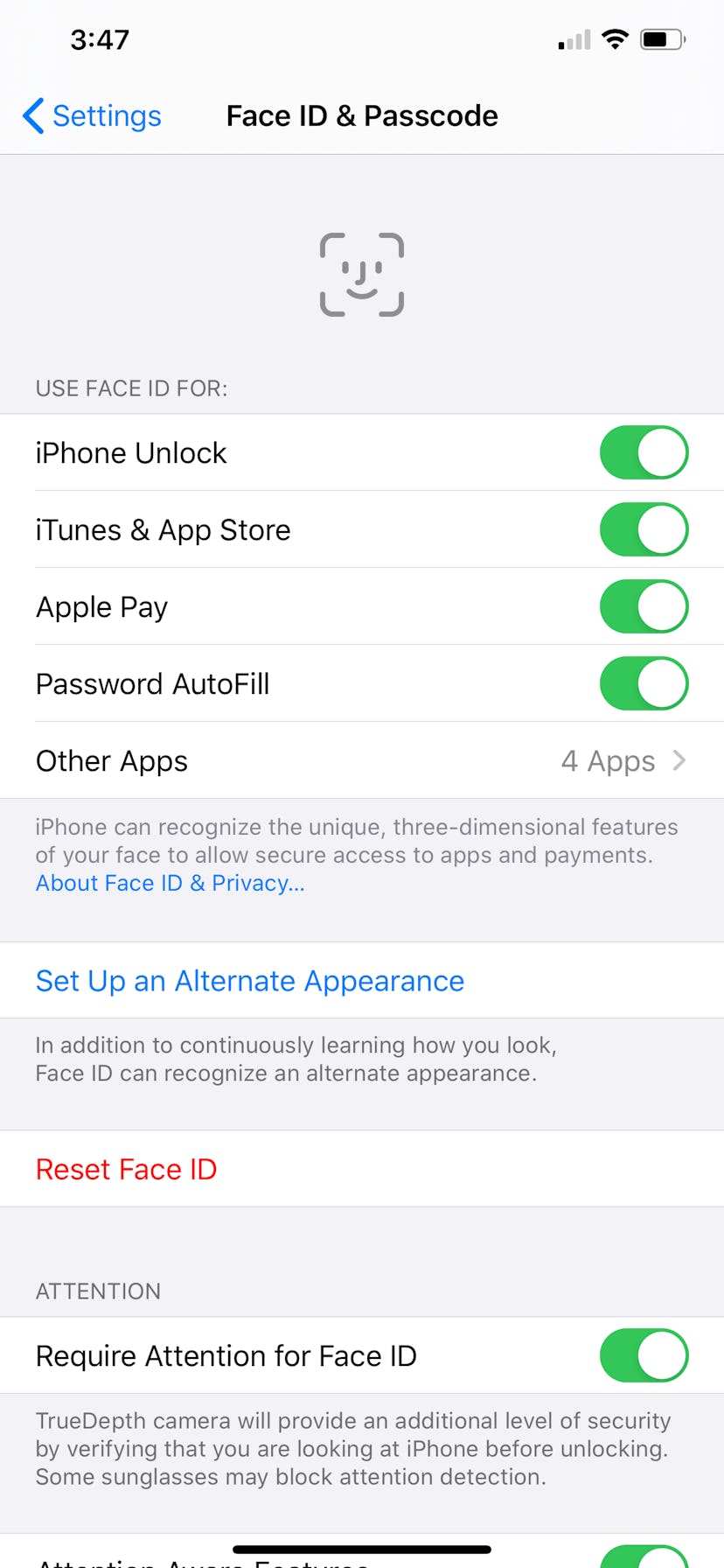 This is a screenshot of where to turn on the Face ID option, for data privacy. 