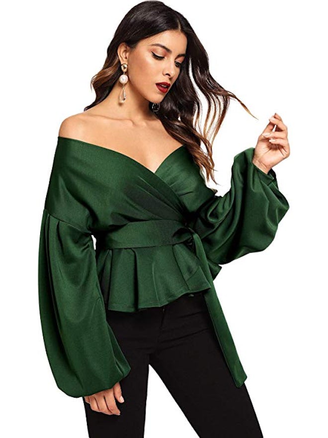 SheIn Long Sleeve Off Shoulder Tie Waist Wrap Top