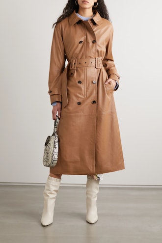 Belted Double-breasted Leather Trench Coat