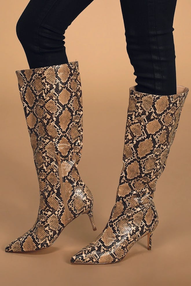 Baarr Tan Snake Pointed-Toe Knee High Boots