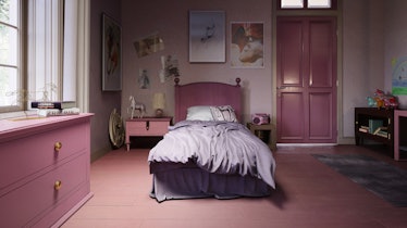 A Tina Belcher from 'Bob's Burgers'-inspired cartoon bedroom has pink furniture, horse decor, and a ...