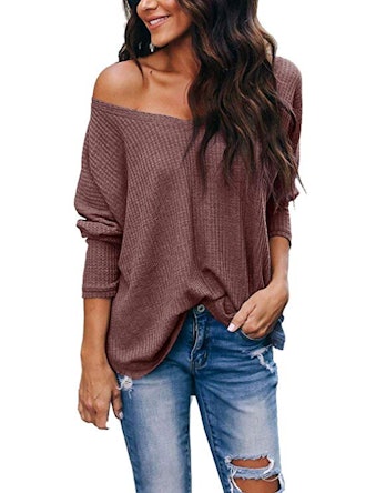 	 Women's Casual V Neck Long Sleeve Waffle Knit Off Shoulder Top
