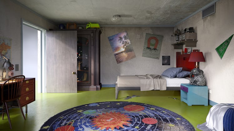 A planet rug sits on a green floor in a 'Ricky and Morty'-inspired cartoon bedroom.