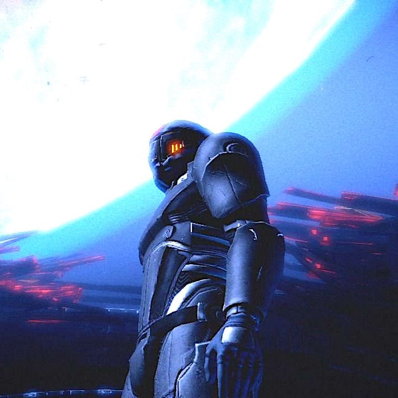 A Mass Effect 2 character standing among burning debris
