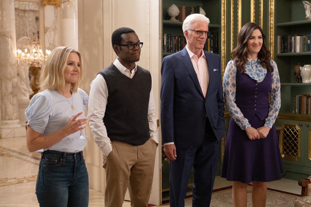Kristen Bell as Eleanor, William Jackson Harper as Chidi, Ted Danson as Michael, D'Arcy Carden as Ja...