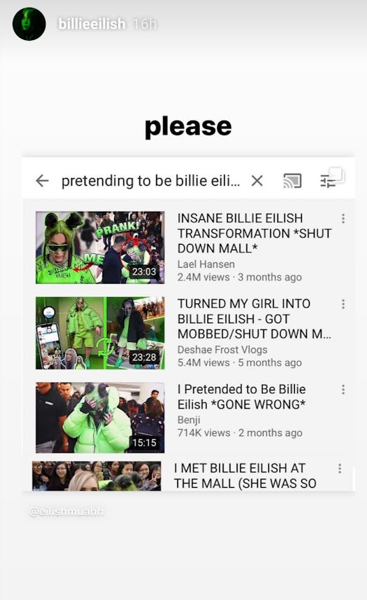 A screenshot of Billie Eilish's Instagram calling out impersonators.