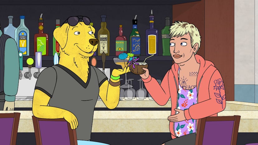 Mr. Peanutbutter (voiced by Paul F. Tompkins) and Joey Pogo (voiced by Hilary Swank) in BoJack Horse...