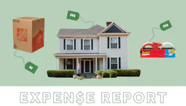 Collage of a cartoon box, white house, packing tape dispenser, and "expense report" text