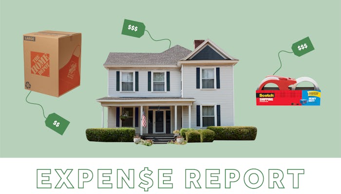 Collage of a cartoon box, white house, packing tape dispenser, and "expense report" text