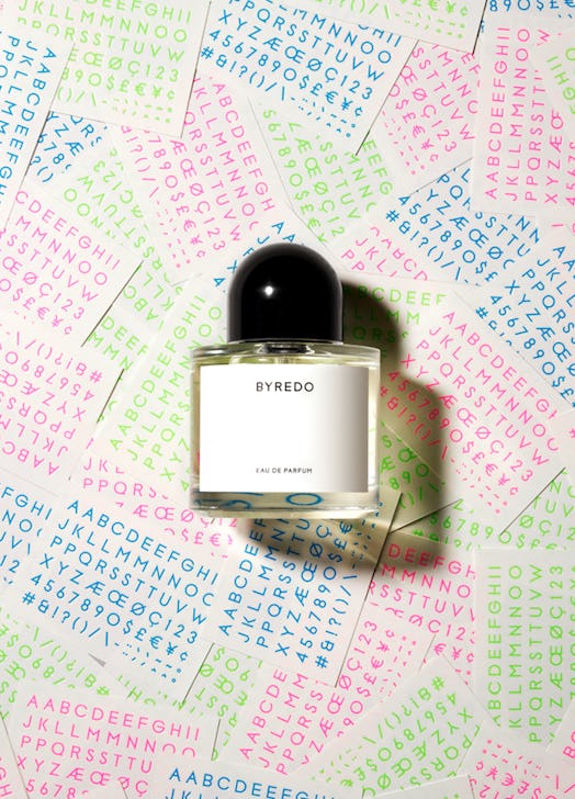 BYREDO's Unnamed fragrance with new pink, green, and blue letters