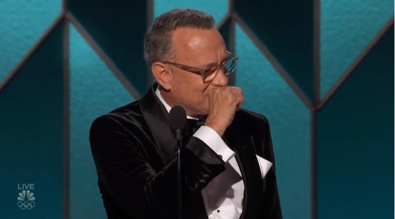 Tom Hanks giving his 2020 Golden Globes acceptance speech for the Cecile B. DeMille award.