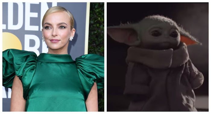 Jodie Comer at the Globes in a green dress; the child from the Mandalorian, aka Baby Yoda