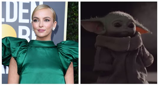 Jodie Comer at the Globes in a green dress; the child from the Mandalorian, aka Baby Yoda