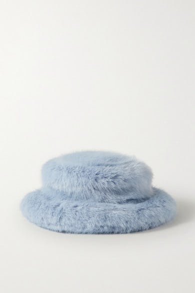 blue fluffy bucket hat