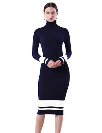 PrettyGuide Ribbed Knit Turtleneck Midi Dress