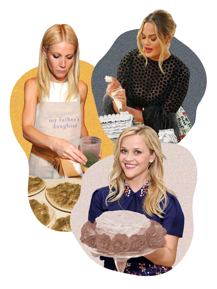 Collage of Gwyneth Paltrow, Chrissy Teigen and Reese Witherspoon celebrities cooking