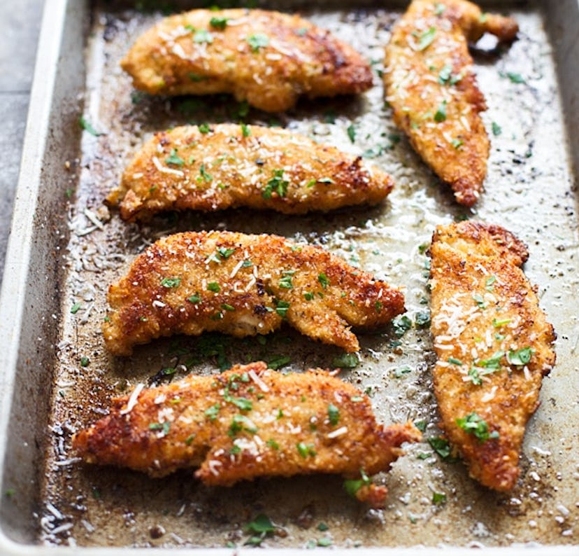 Crispy sheet pan parmesan chicken recipe from Cooking For Keeps is fast, easy, and kid-approved