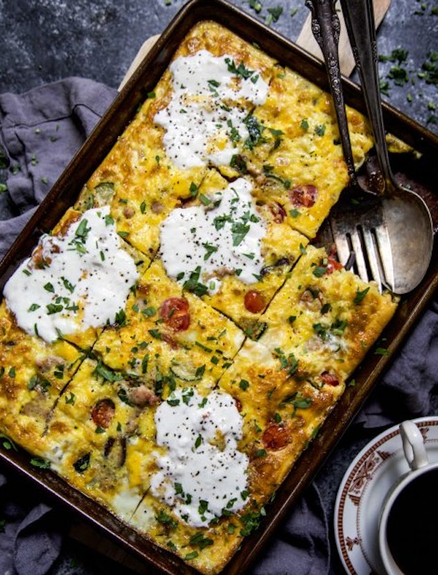 sheet pan frittata recipe from Climbing Grier Mountain is a great way to use up leftover veggies